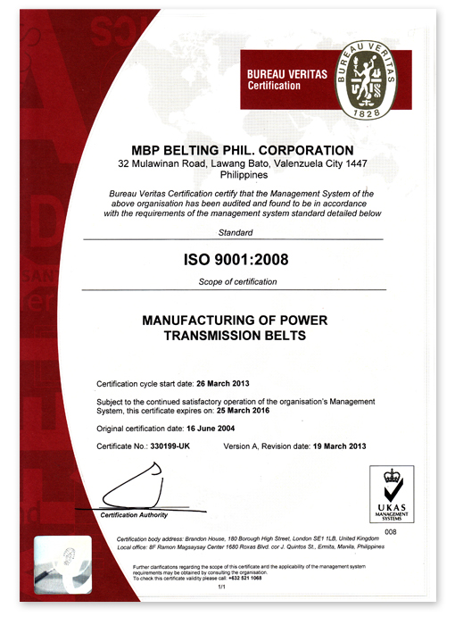 MBP Belting Phil. Corporation Certification